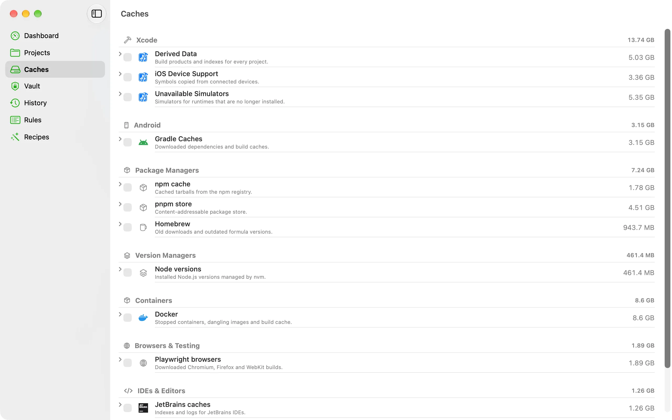 Caches grouped by Xcode, Android, package managers, version managers and containers, with sizes.