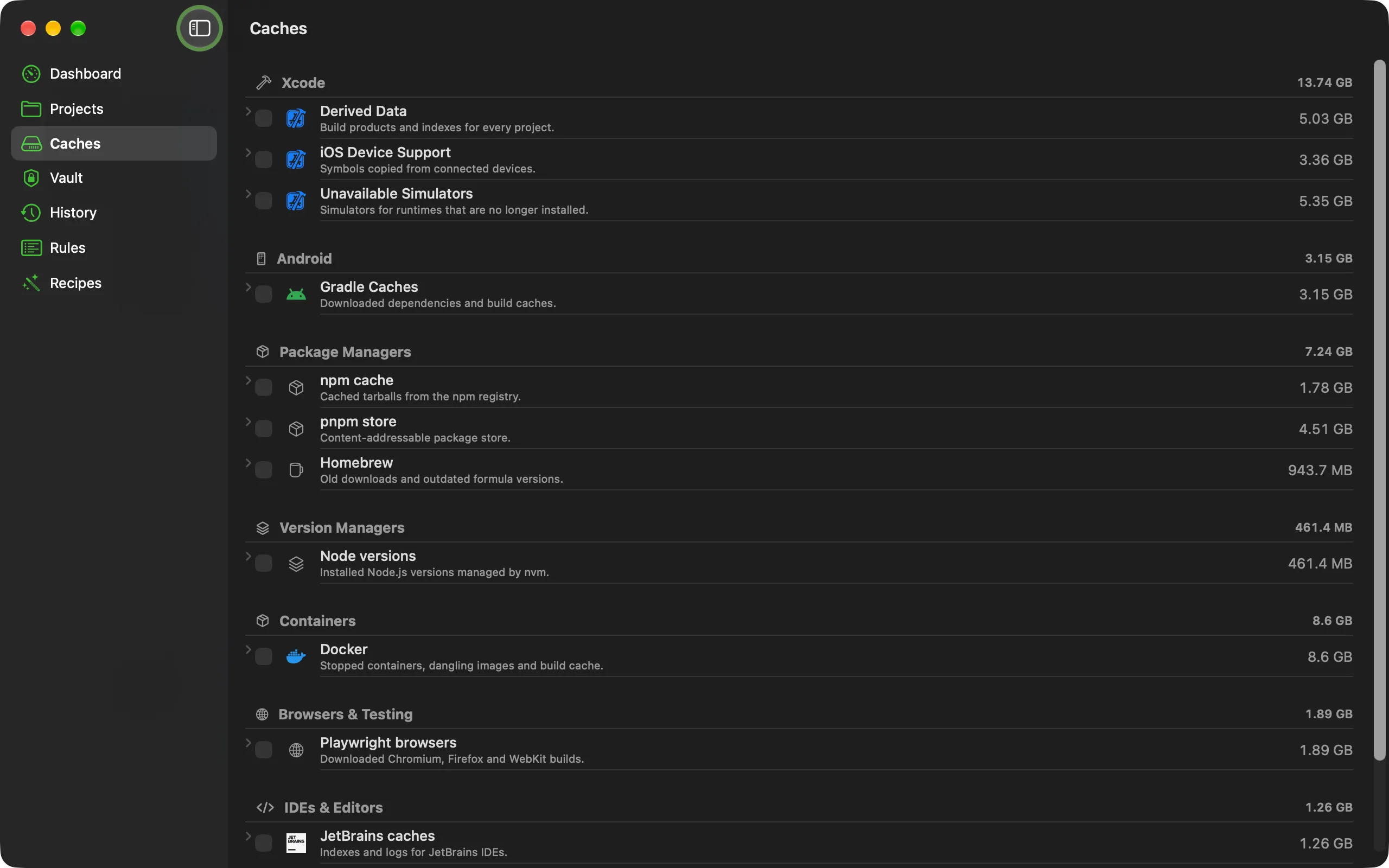 Caches grouped by Xcode, Android, package managers, version managers and containers, with sizes.