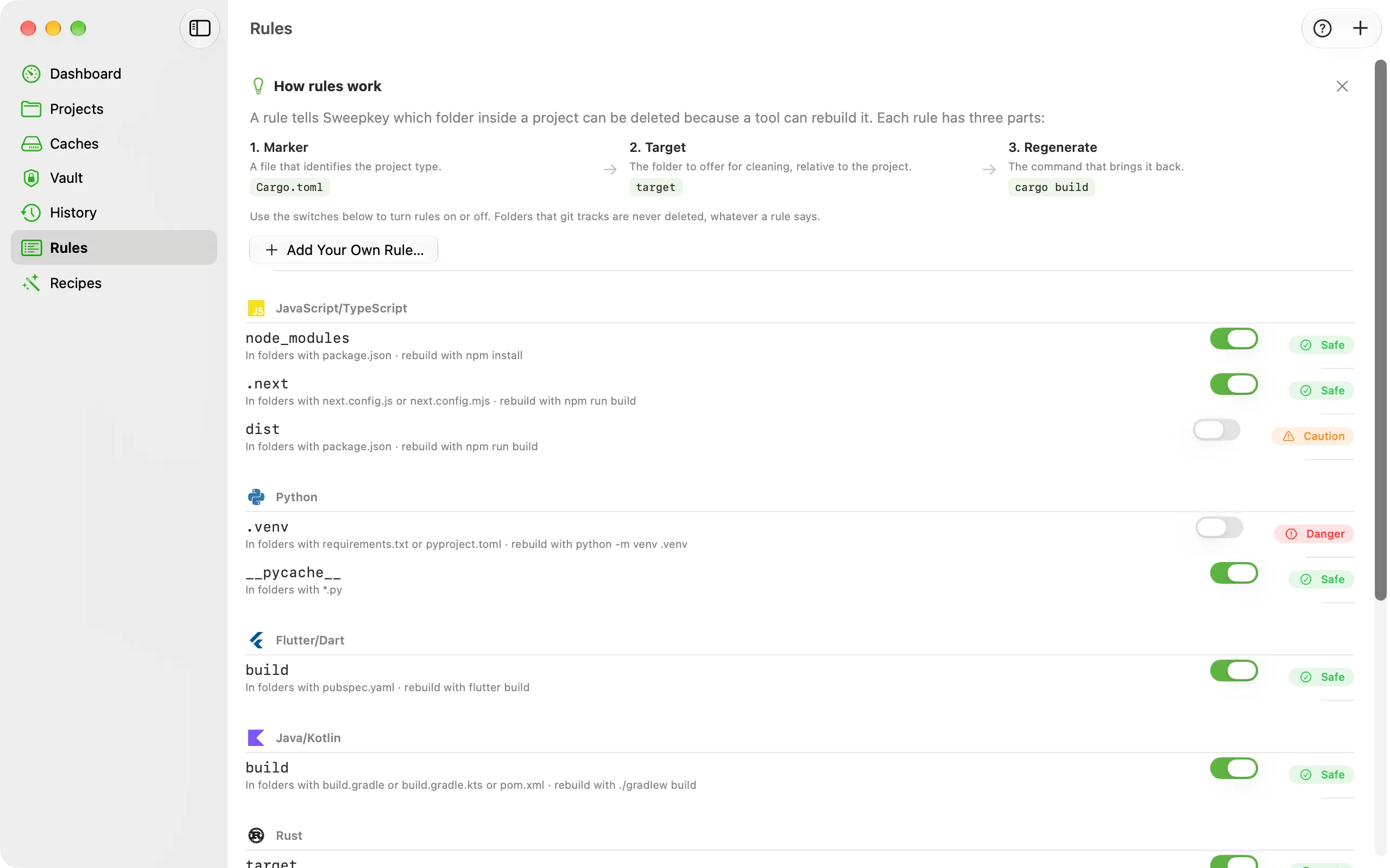 Rules screen with a "How rules work" explanation and rule switches grouped by ecosystem.
