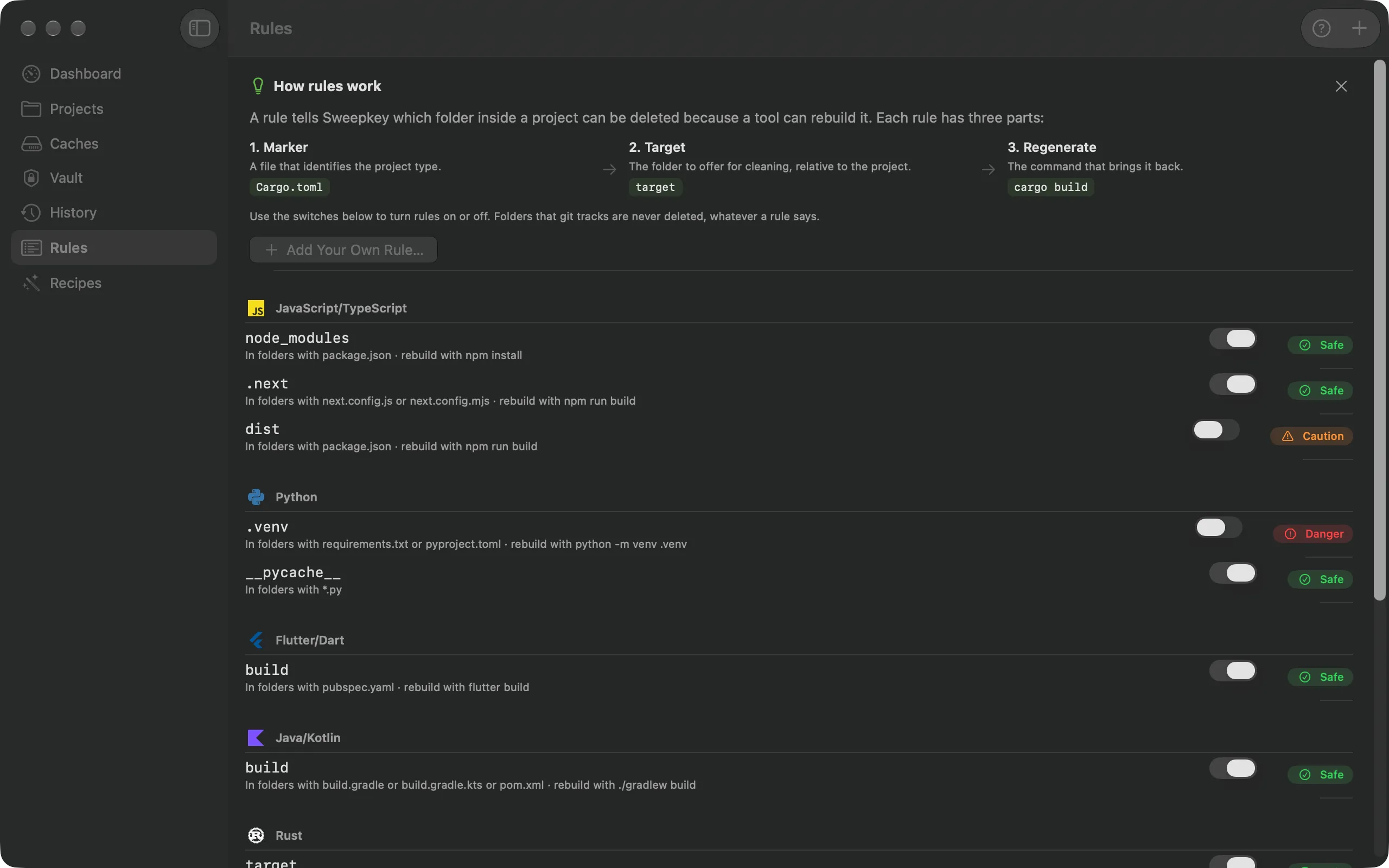 Rules screen with a "How rules work" explanation and rule switches grouped by ecosystem.